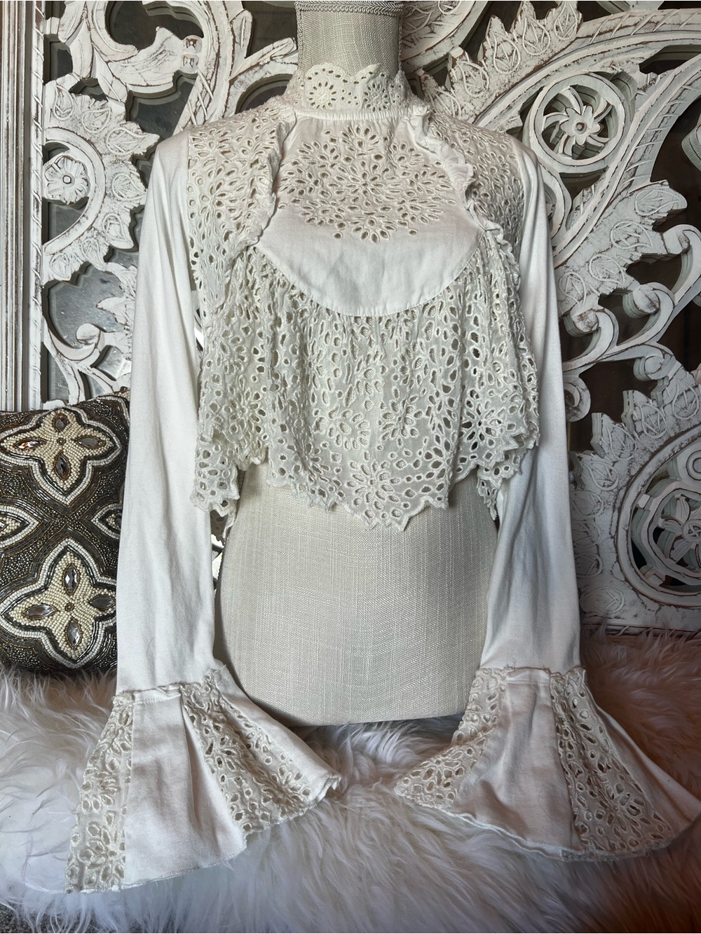 Free People Cream Lace Crop Top with High Neck